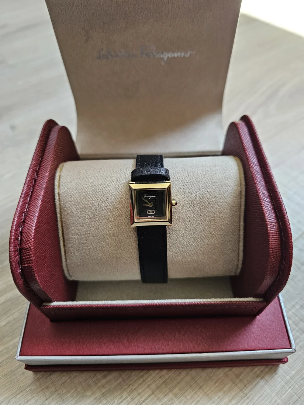NIB Salvatore Ferragamo Black and Gold Leather Watch